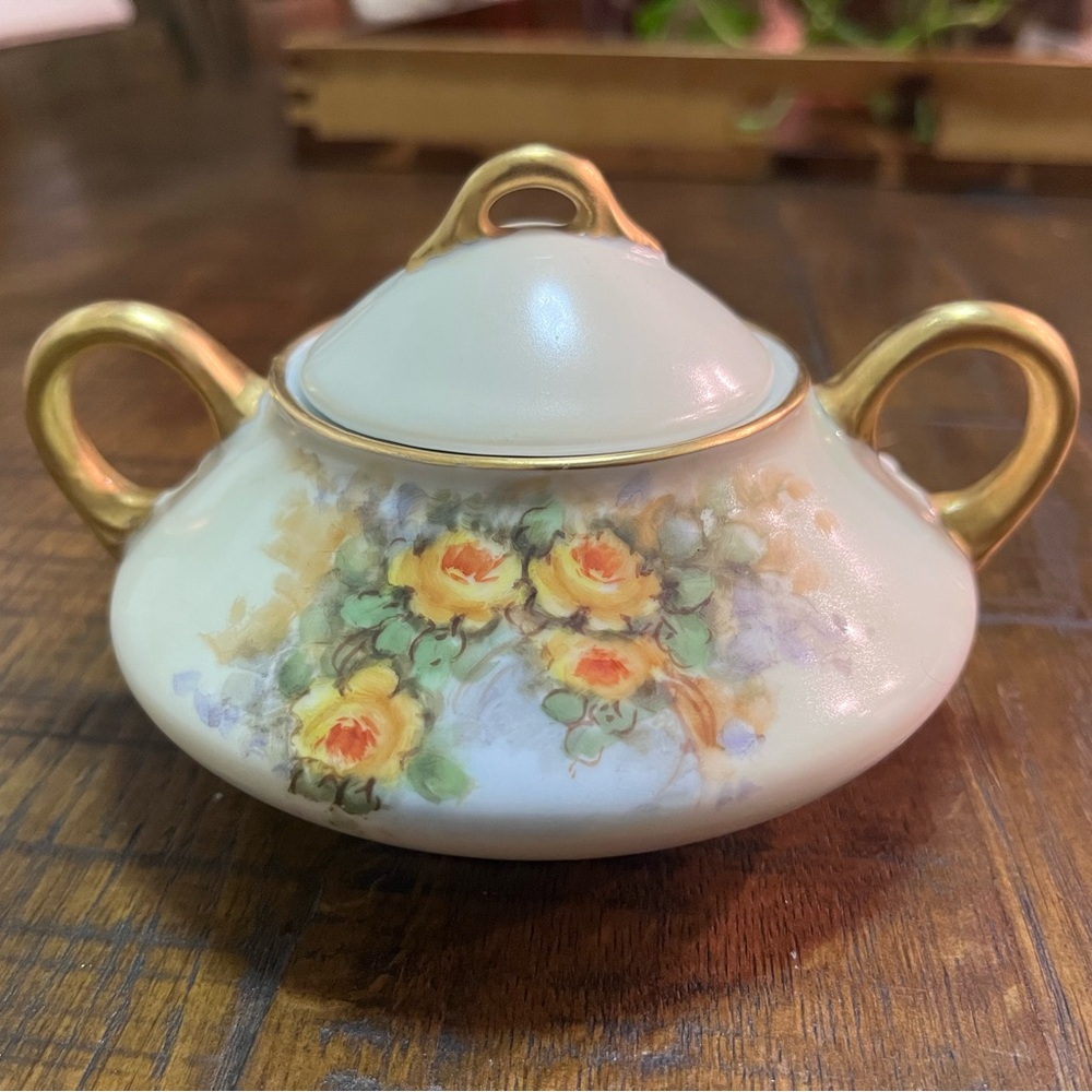 Elegant Floral Sugar Bowl with Gold Accents
